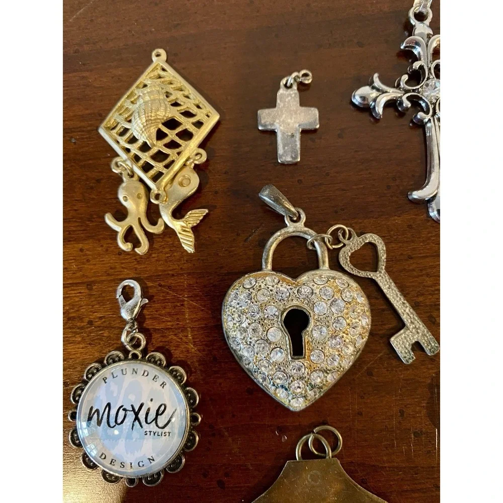 VTG To Modern Pendant Charm Lot - Flower Moon Heart Cross Enamel Rhinestones